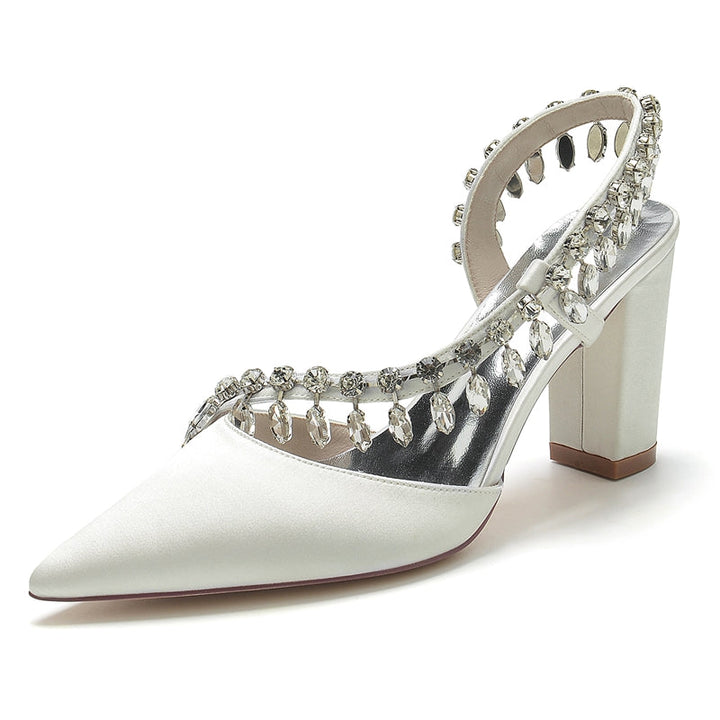 Women's Wedding Shoes Closed Toe Block Heel Exquisite Bridal Shoes with Curved Rhinestone