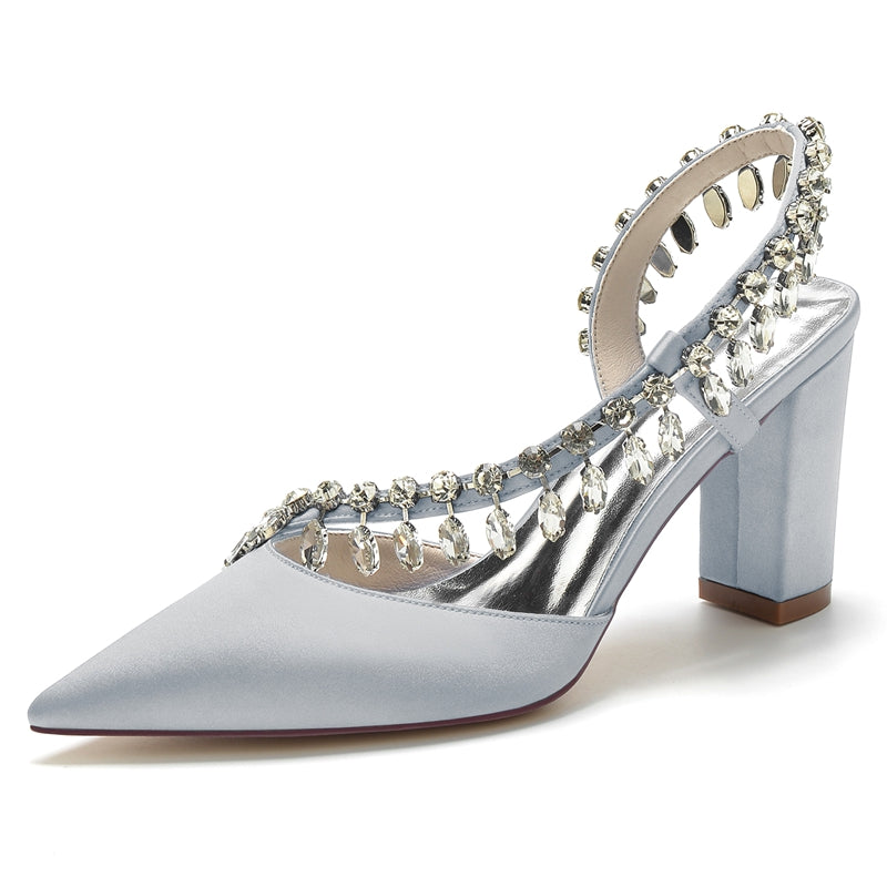 Women's Wedding Shoes Closed Toe Block Heel Exquisite Bridal Shoes with Curved Rhinestone