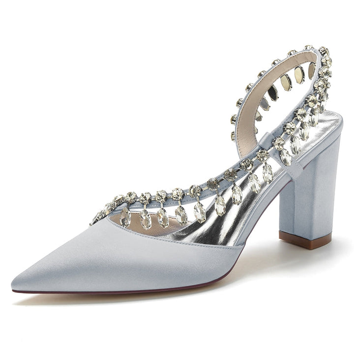 Women's Wedding Shoes Closed Toe Block Heel Exquisite Bridal Shoes with Curved Rhinestone