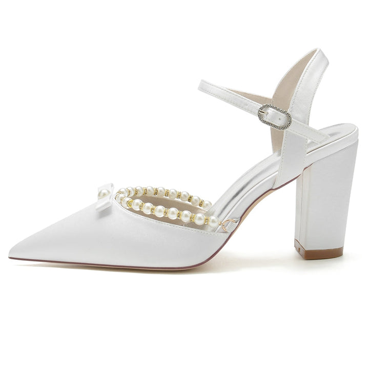 Women's Wedding Shoes Pointed Toe High Block Heel Buckle Bridal Shoes with Pearl & Bowknot