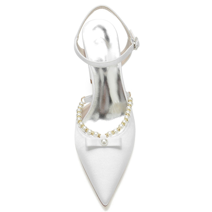 Women's Wedding Shoes Pointed Toe High Block Heel Buckle Bridal Shoes with Pearl & Bowknot