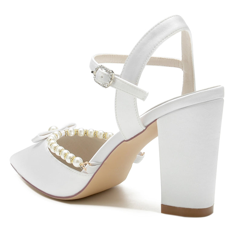 Women's Wedding Shoes Pointed Toe High Block Heel Buckle Bridal Shoes with Pearl & Bowknot