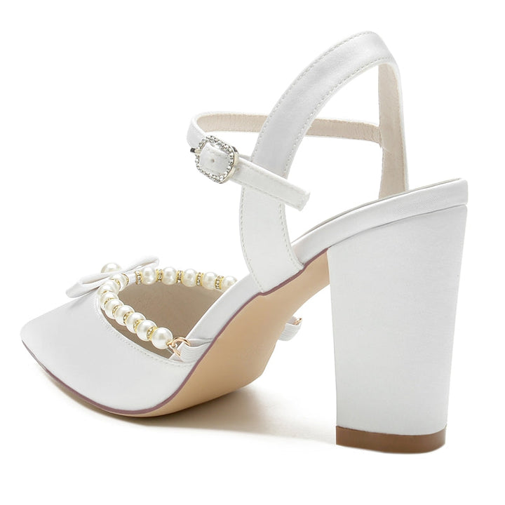 Women's Wedding Shoes Pointed Toe High Block Heel Buckle Bridal Shoes with Pearl & Bowknot
