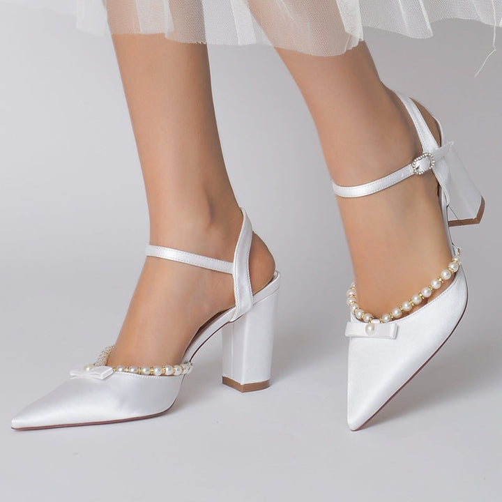 Women's Wedding Shoes Pointed Toe High Block Heel Buckle Bridal Shoes with Pearl & Bowknot