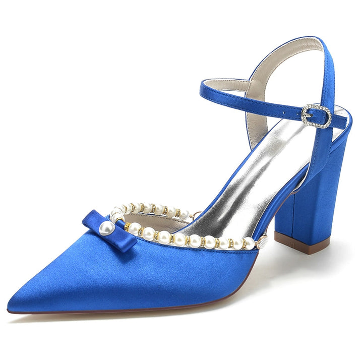 Women's Wedding Shoes Pointed Toe High Block Heel Buckle Bridal Shoes with Pearl & Bowknot