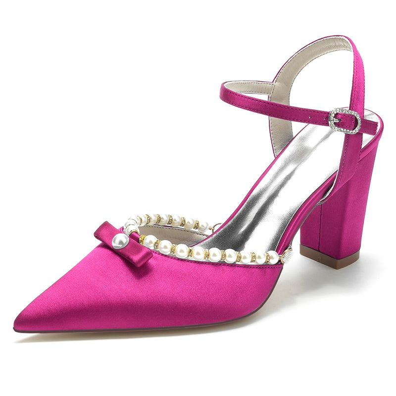 Women's Wedding Shoes Pointed Toe High Block Heel Buckle Bridal Shoes with Pearl & Bowknot