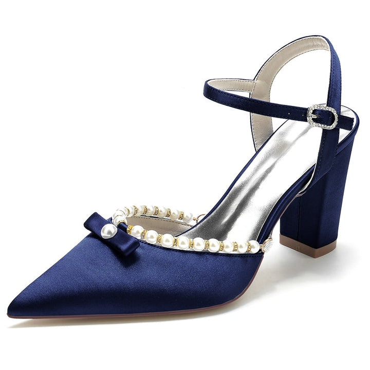 Women's Wedding Shoes Pointed Toe High Block Heel Buckle Bridal Shoes with Pearl & Bowknot