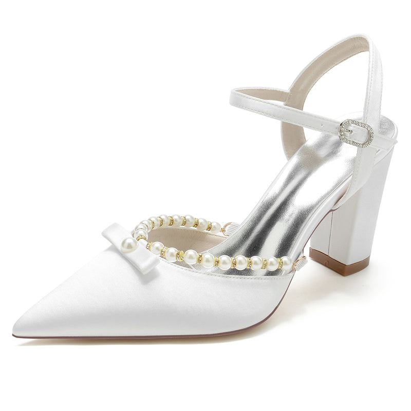 Women's Wedding Shoes Pointed Toe High Block Heel Buckle Bridal Shoes with Pearl & Bowknot