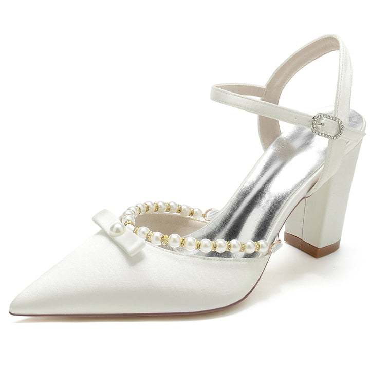 Women's Wedding Shoes Pointed Toe High Block Heel Buckle Bridal Shoes with Pearl & Bowknot