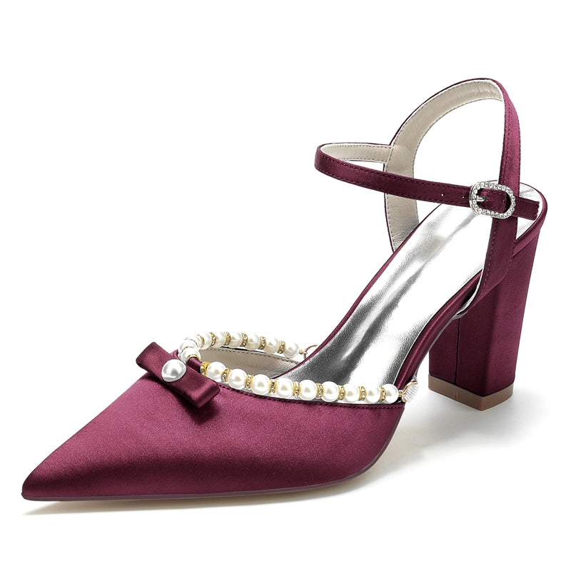 Women's Wedding Shoes Pointed Toe High Block Heel Buckle Bridal Shoes with Pearl & Bowknot