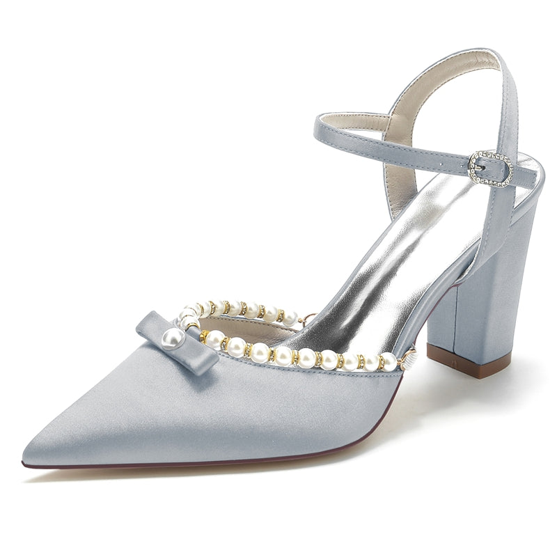 Women's Wedding Shoes Pointed Toe High Block Heel Buckle Bridal Shoes with Pearl & Bowknot