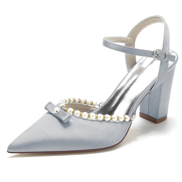 Women's Wedding Shoes Pointed Toe High Block Heel Buckle Bridal Shoes with Pearl & Bowknot