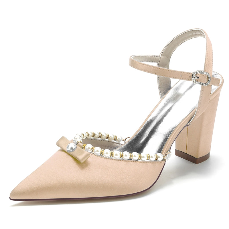 Women's Wedding Shoes Pointed Toe High Block Heel Buckle Bridal Shoes with Pearl & Bowknot