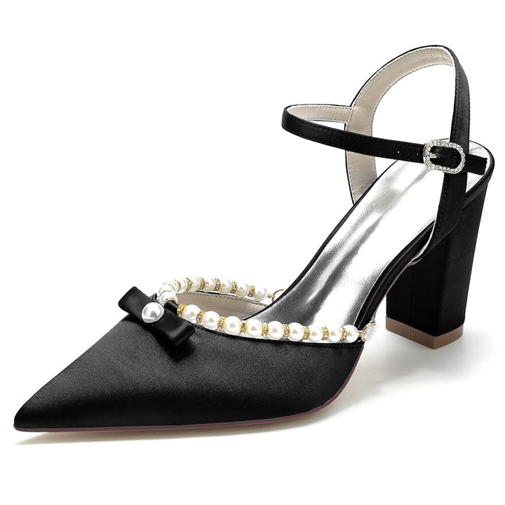 Women's Wedding Shoes Pointed Toe High Block Heel Buckle Bridal Shoes with Pearl & Bowknot