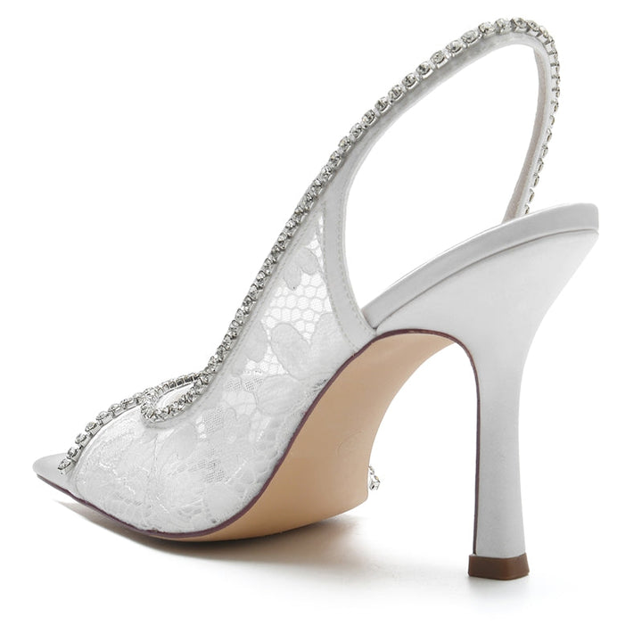 Women's Wedding Shoes Peep Toe Stiletto Heel Lace Chic Bridal Shoes with Curved Rhinestone