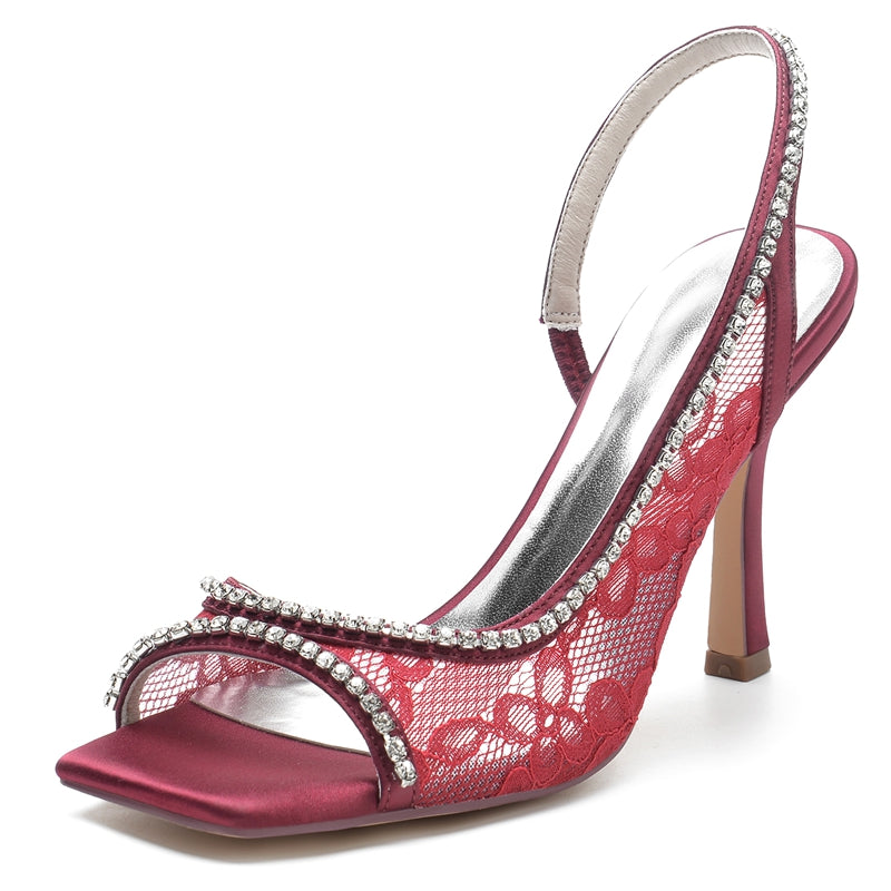 Women's Wedding Shoes Peep Toe Stiletto Heel Lace Chic Bridal Shoes with Curved Rhinestone