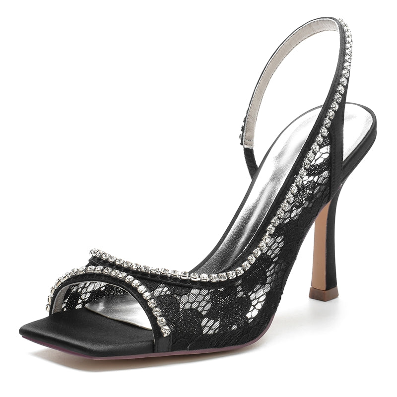 Women's Wedding Shoes Peep Toe Stiletto Heel Lace Chic Bridal Shoes with Curved Rhinestone