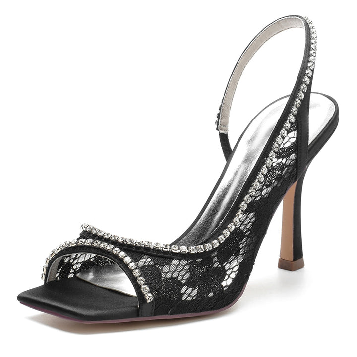 Women's Wedding Shoes Peep Toe Stiletto Heel Lace Chic Bridal Shoes with Curved Rhinestone