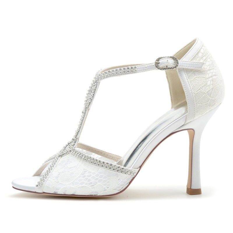 Women's Wedding Shoes Peep Toe High Heel Lace Crystal Straps Luxurious Buckle Bridal Shoes