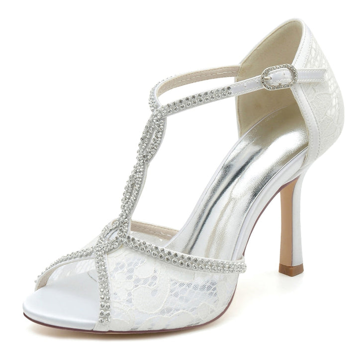 Women's Wedding Shoes Peep Toe High Heel Lace Crystal Straps Luxurious Buckle Bridal Shoes