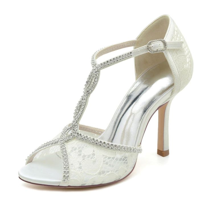 Women's Wedding Shoes Peep Toe High Heel Lace Crystal Straps Luxurious Buckle Bridal Shoes