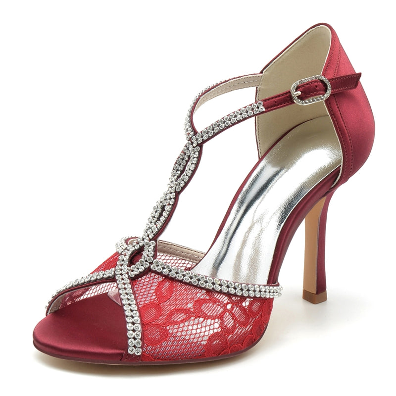 Women's Wedding Shoes Peep Toe High Heel Lace Crystal Straps Luxurious Buckle Bridal Shoes