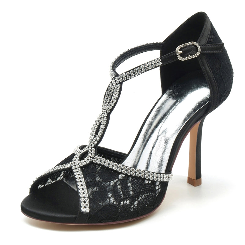 Women's Wedding Shoes Peep Toe High Heel Lace Crystal Straps Luxurious Buckle Bridal Shoes