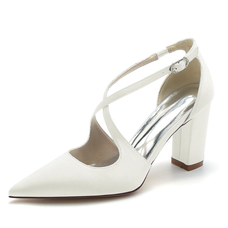Women's Wedding Shoes Pointed Toe Block Heel Chic Bridal Shoes with Crossed Strap