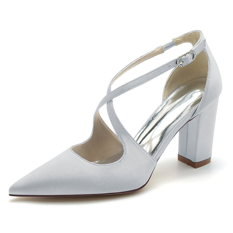 Women's Wedding Shoes Pointed Toe Block Heel Chic Bridal Shoes with Crossed Strap