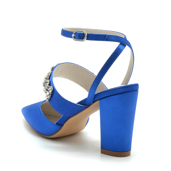 Women's Wedding Shoes Pointed Toe Block Heel Luxury Buckle Bridal Shoes with Rhinestone Chain