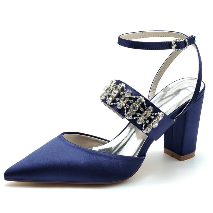 Women's Wedding Shoes Pointed Toe Block Heel Luxury Buckle Bridal Shoes with Rhinestone Chain