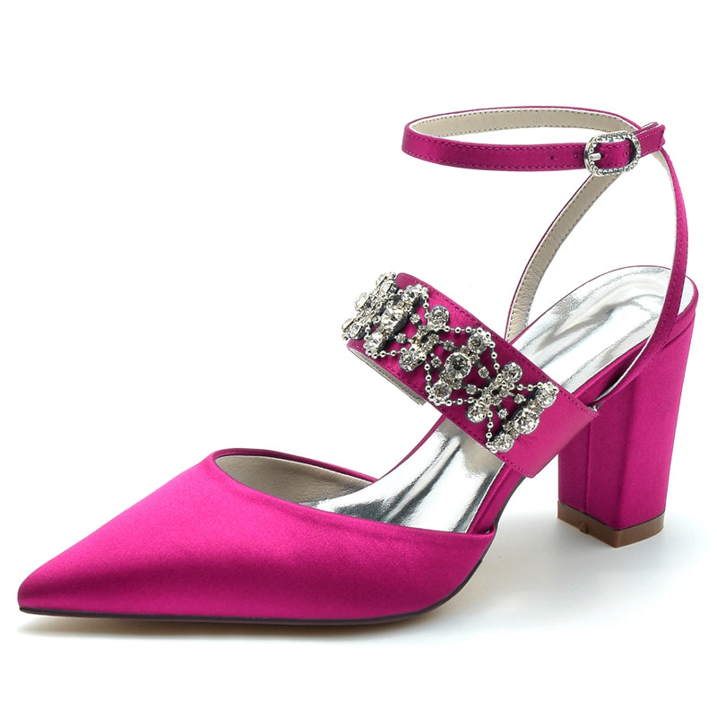 Women's Wedding Shoes Pointed Toe Block Heel Luxury Buckle Bridal Shoes with Rhinestone Chain