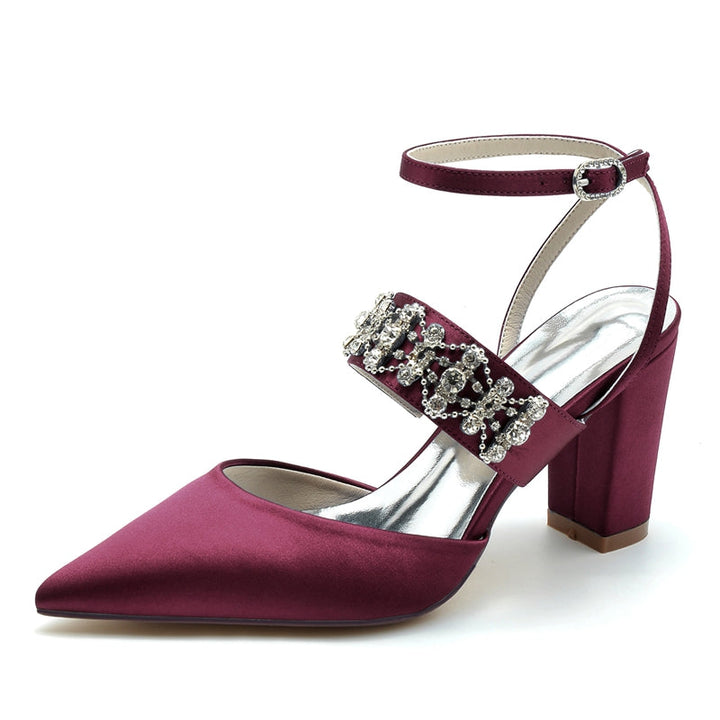 Women's Wedding Shoes Pointed Toe Block Heel Luxury Buckle Bridal Shoes with Rhinestone Chain