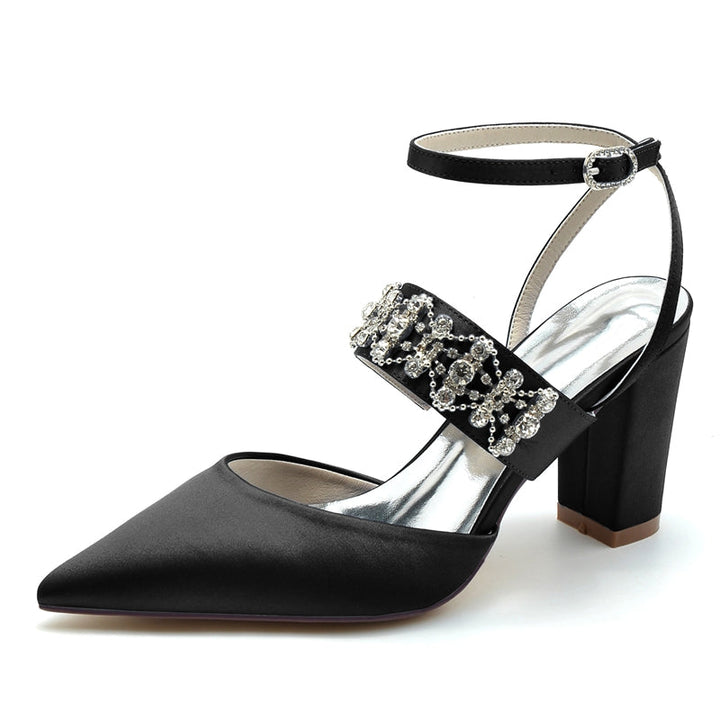 Women's Wedding Shoes Pointed Toe Block Heel Luxury Buckle Bridal Shoes with Rhinestone Chain