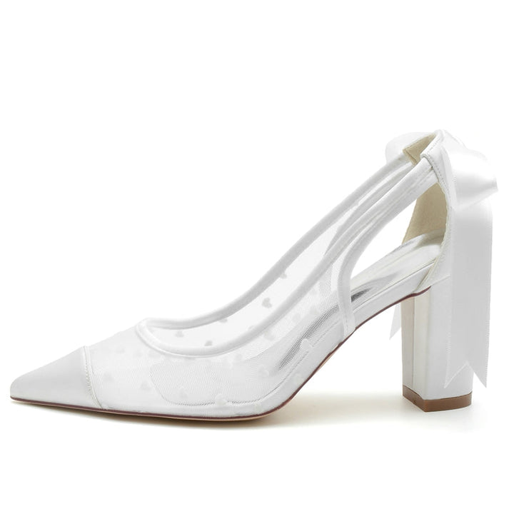 Women's Wedding Shoes White Closed Toe Chunky Heel Printed Heart Bridal Shoes with Bowknot