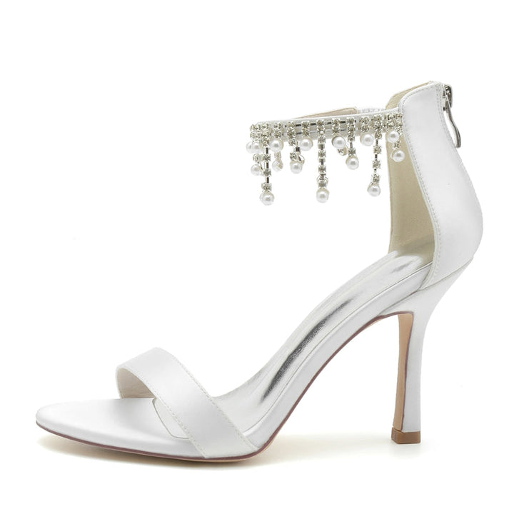 Women's Wedding Shoes White Peep Toe High Heel Buckle Bridal Shoes with Pearl Tassel