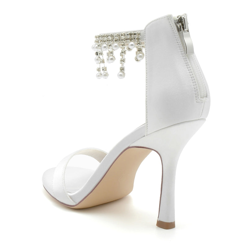 Women's Wedding Shoes White Peep Toe High Heel Buckle Bridal Shoes with Pearl Tassel
