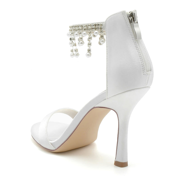 Women's Wedding Shoes White Peep Toe High Heel Buckle Bridal Shoes with Pearl Tassel
