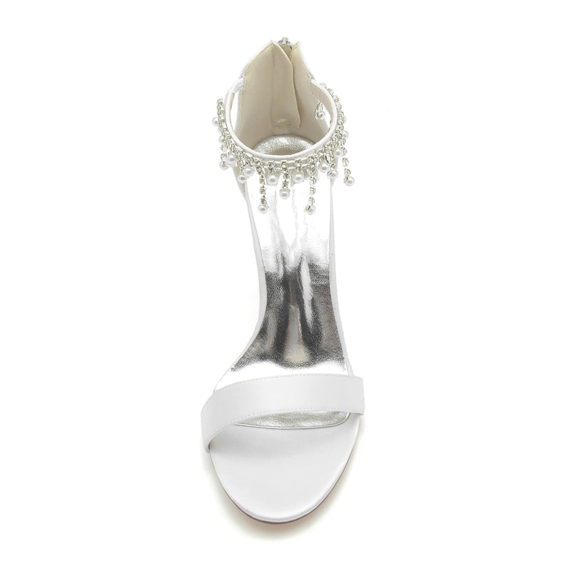 Women's Wedding Shoes White Peep Toe High Heel Buckle Bridal Shoes with Pearl Tassel