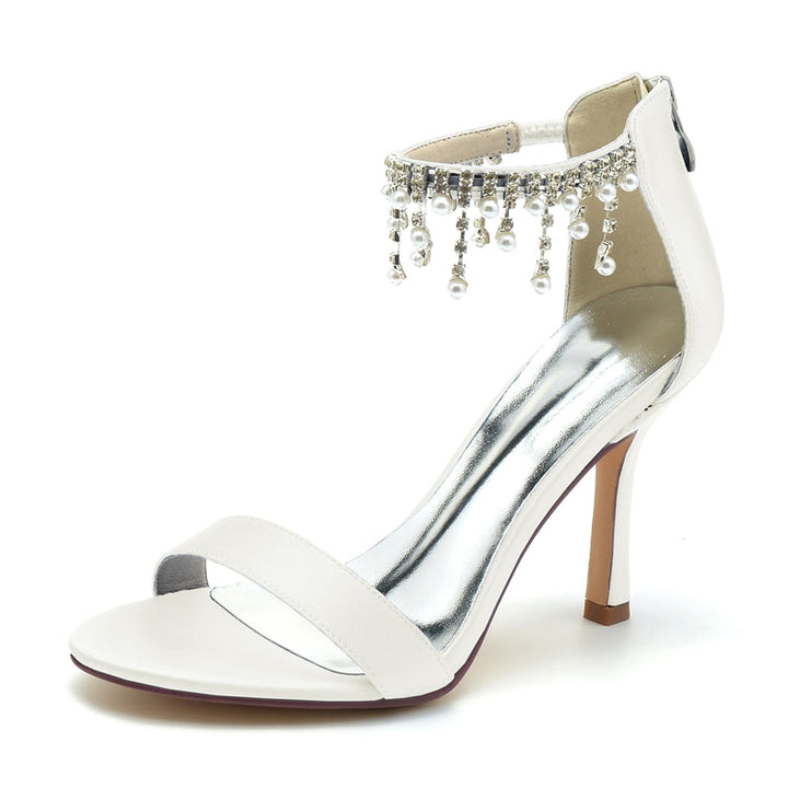 Women's Wedding Shoes White Peep Toe High Heel Buckle Bridal Shoes with Pearl Tassel