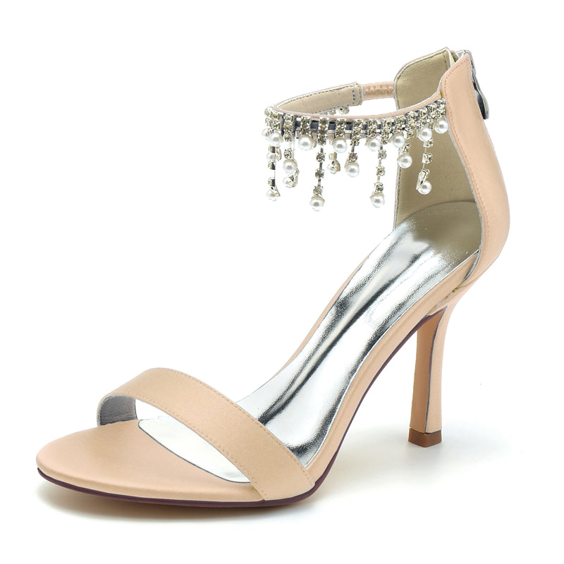 Women's Wedding Shoes White Peep Toe High Heel Buckle Bridal Shoes with Pearl Tassel