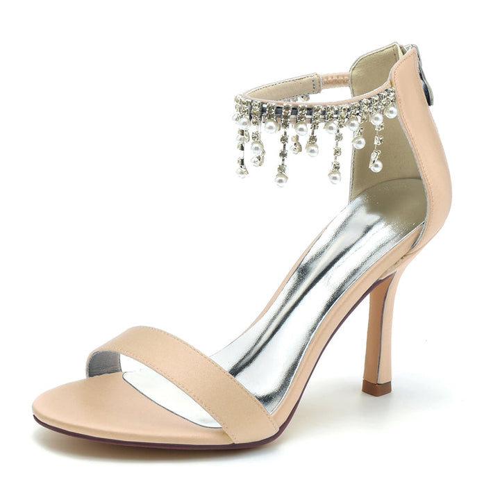 Women's Wedding Shoes White Peep Toe High Heel Buckle Bridal Shoes with Pearl Tassel