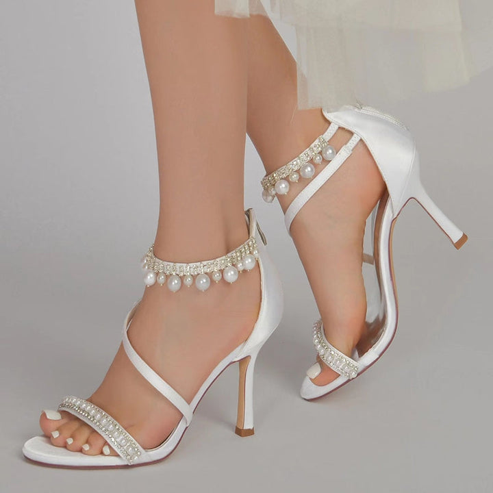 Women's Wedding Shoes White Opened Toe Crossed Strap Exquisite Buckle Bridal Shoes with Pearl