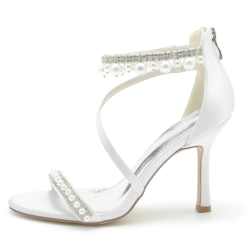 Women's Wedding Shoes White Opened Toe Crossed Strap Exquisite Buckle Bridal Shoes with Pearl