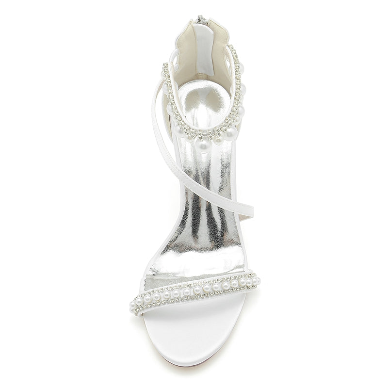 Women's Wedding Shoes White Opened Toe Crossed Strap Exquisite Buckle Bridal Shoes with Pearl