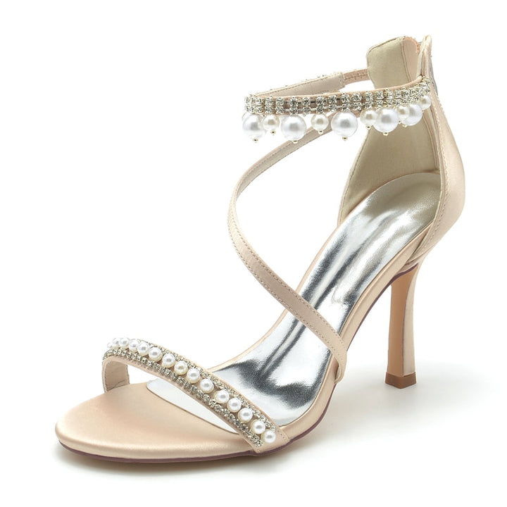 Women's Wedding Shoes White Opened Toe Crossed Strap Exquisite Buckle Bridal Shoes with Pearl