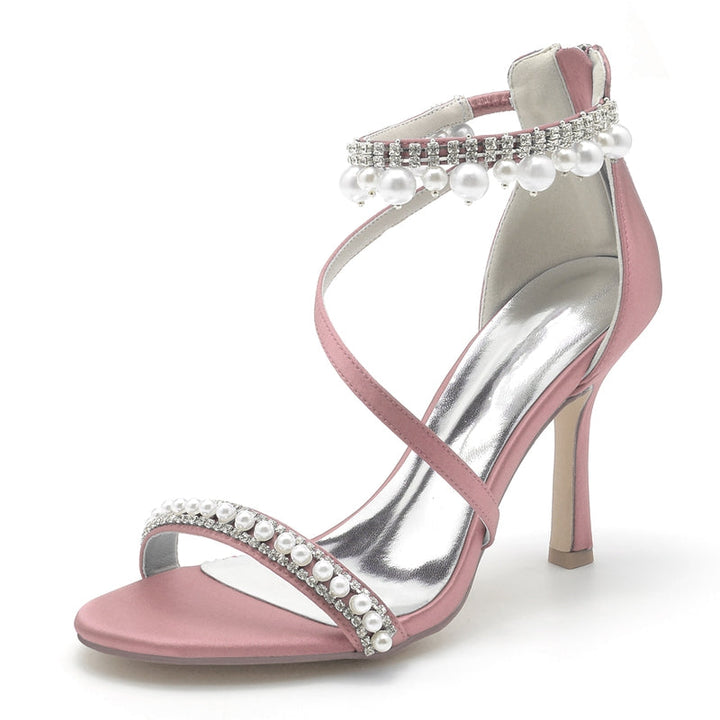 Women's Wedding Shoes White Opened Toe Crossed Strap Exquisite Buckle Bridal Shoes with Pearl