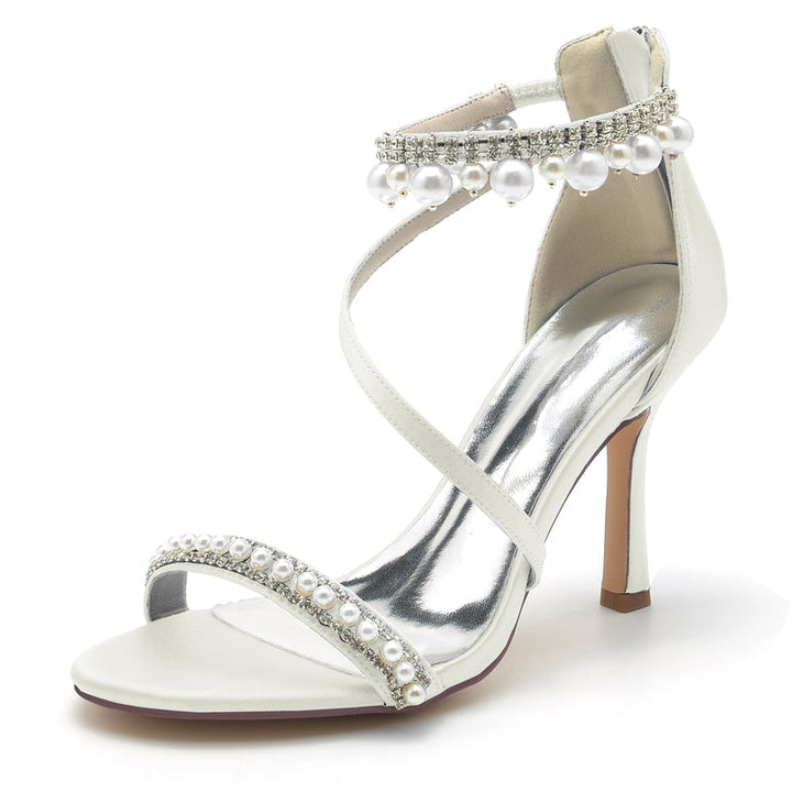 Women's Wedding Shoes White Opened Toe Crossed Strap Exquisite Buckle Bridal Shoes with Pearl