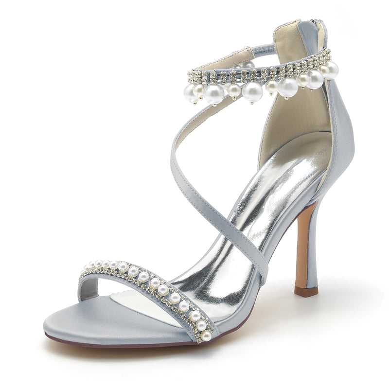 Women's Wedding Shoes White Opened Toe Crossed Strap Exquisite Buckle Bridal Shoes with Pearl