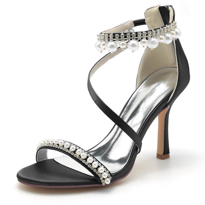 Women's Wedding Shoes White Opened Toe Crossed Strap Exquisite Buckle Bridal Shoes with Pearl